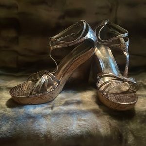 Metallic silver tone platform wedge sandals